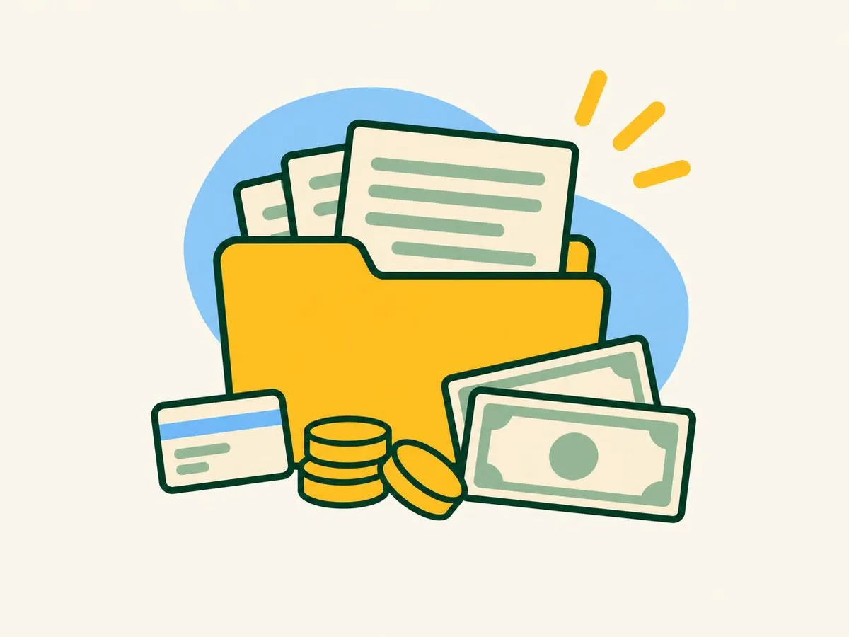 Illustration of a folder of papers, coins, banknotes and a bank card