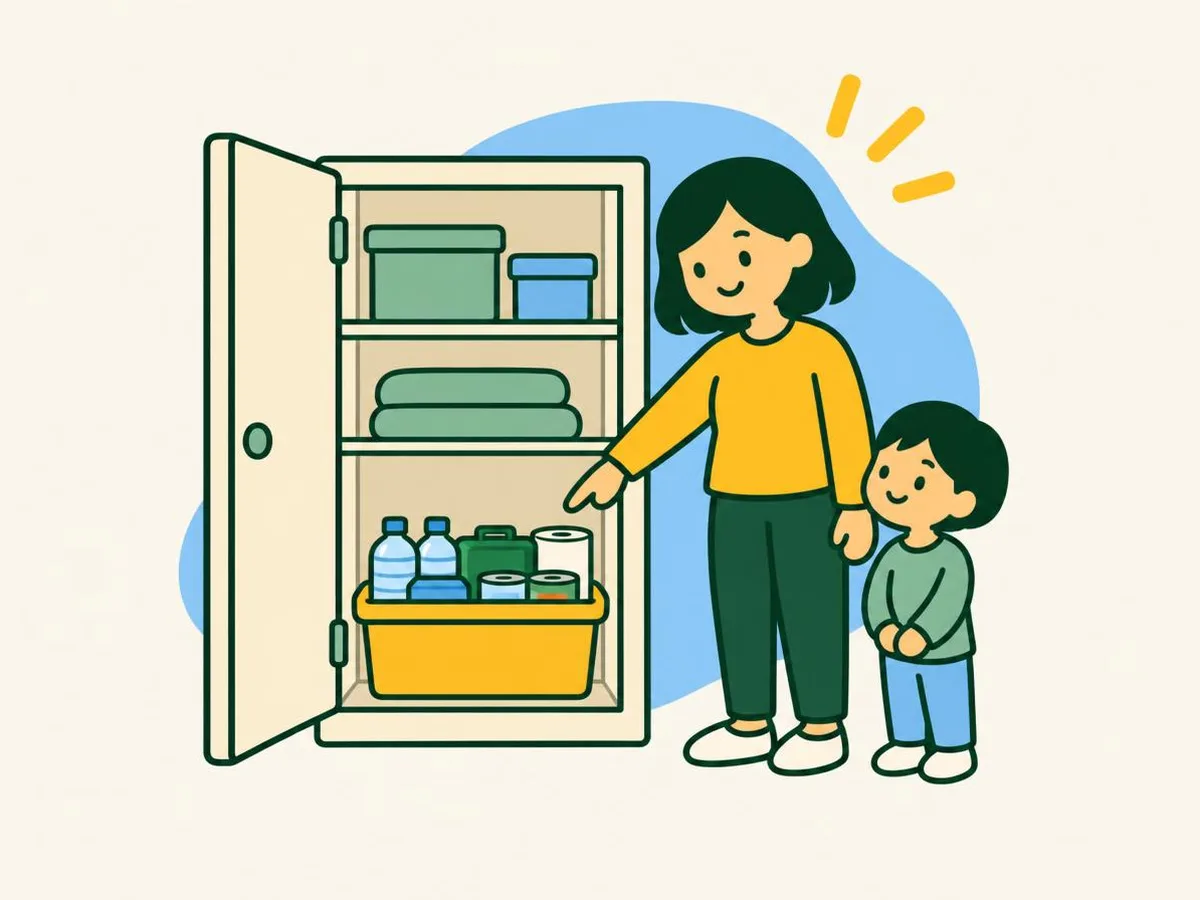 Illustration of a woman showing a child the emergency box inside an open hallway cupboard