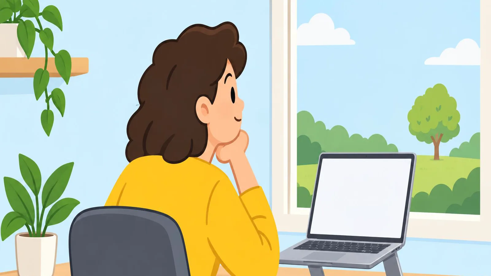 Illustration of a person at a desk with a laptop, looking away out of a window at a distant tree
