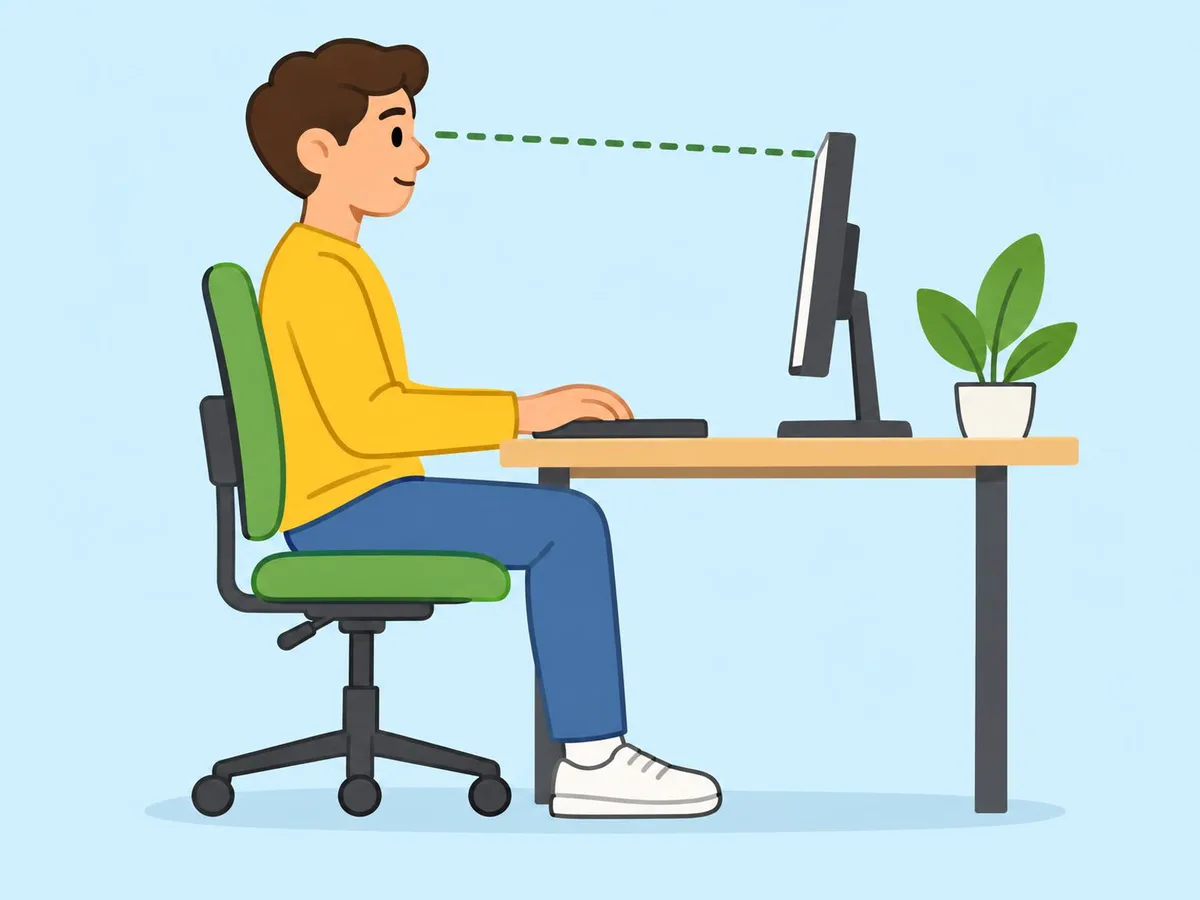 Illustration of a person sitting at a desk with a monitor about an arm's length away, a dotted line from the eyes to the top of the screen