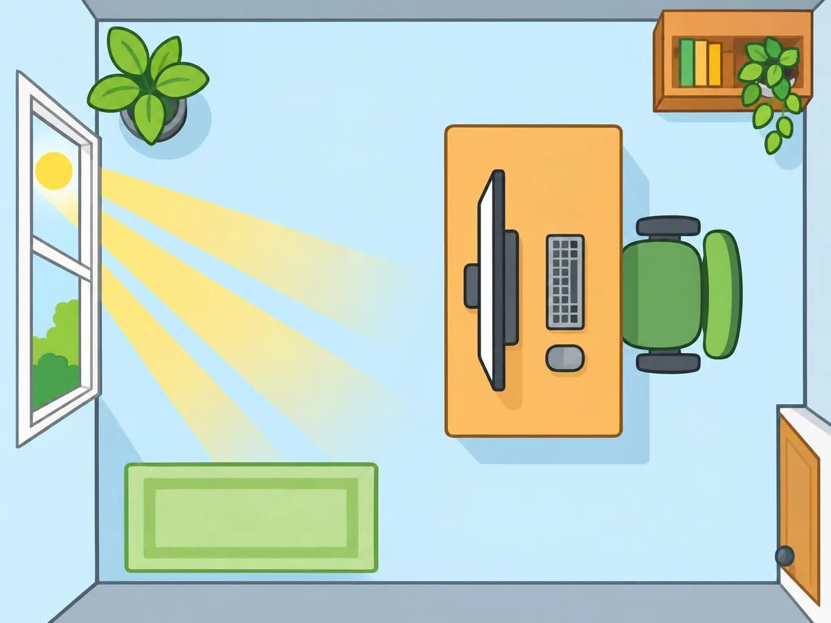 Illustration of a room from above with the desk and screen turned side-on to a sunny window