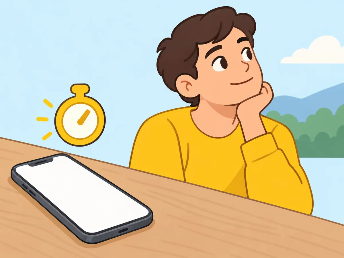 Illustration of a person looking into the distance next to a phone on a desk and a stopwatch