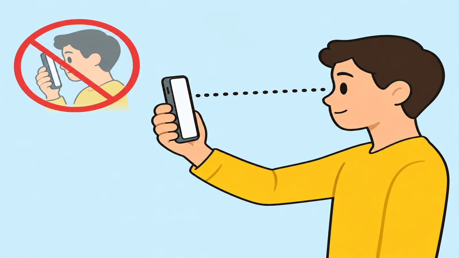 Illustration of a person holding a phone at a comfortable distance, with a small crossed-out picture of someone holding it too close