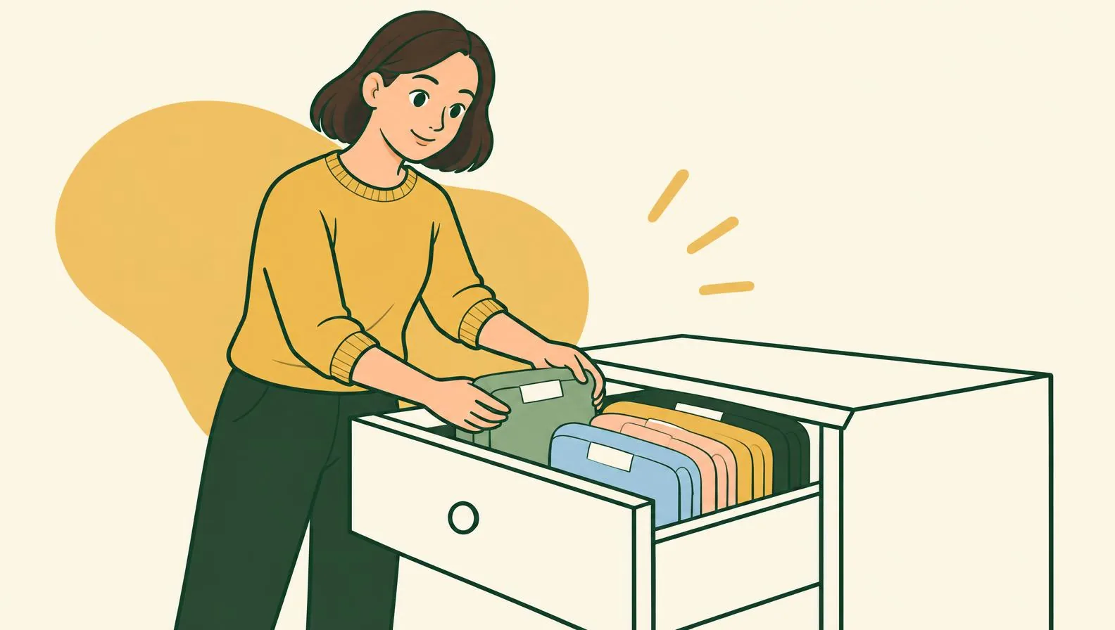 Illustration of a woman placing neatly folded tops upright in an open drawer, each one standing on its edge like a file