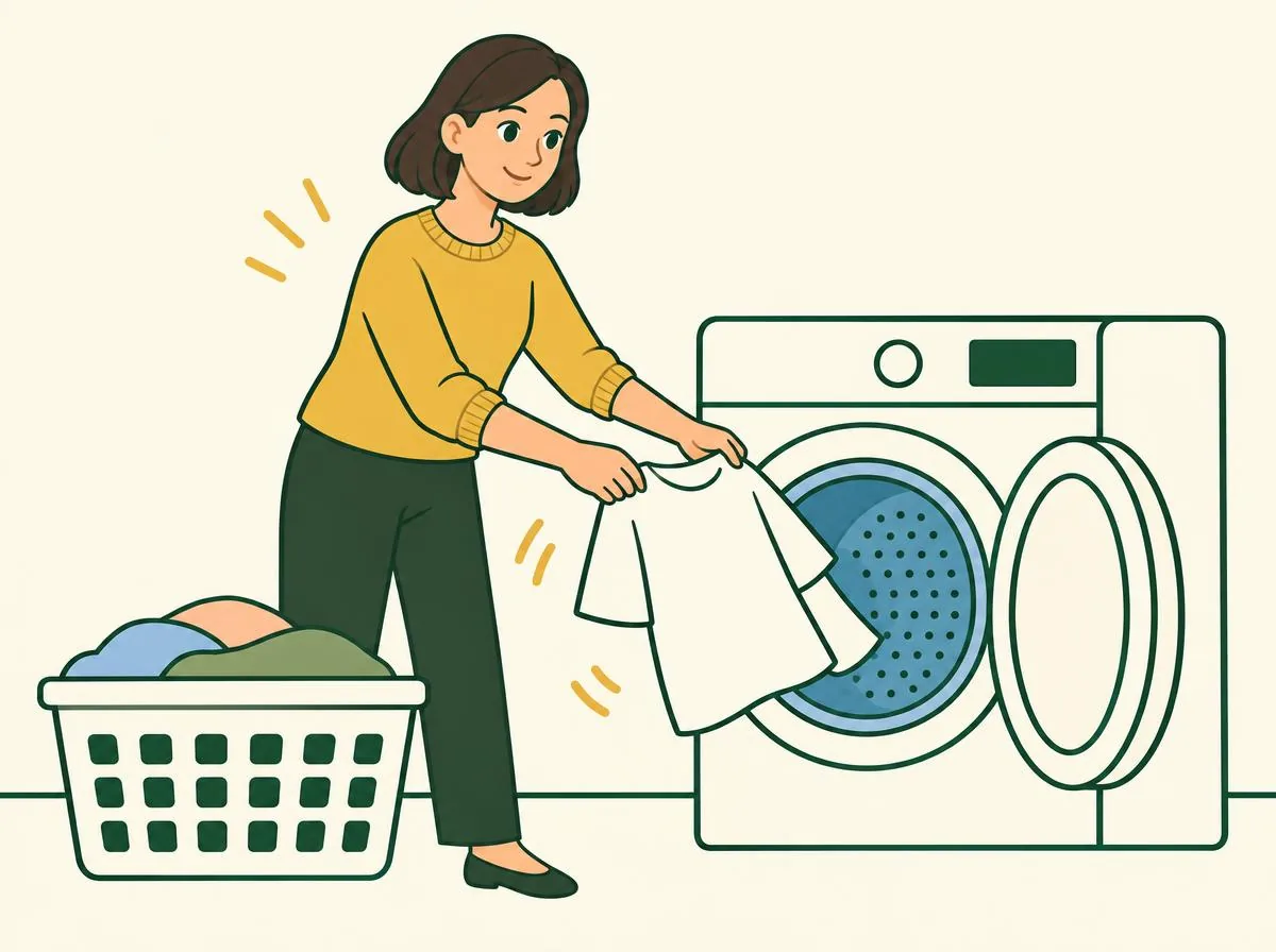 Illustration of a woman giving a T-shirt a firm shake beside an open tumble dryer