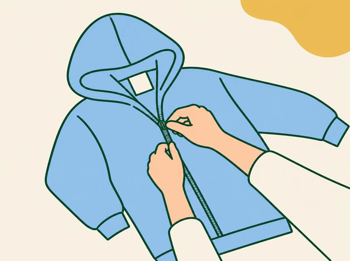 Illustration of hands doing up the zip of a hooded top laid out flat, ready to turn face down for folding