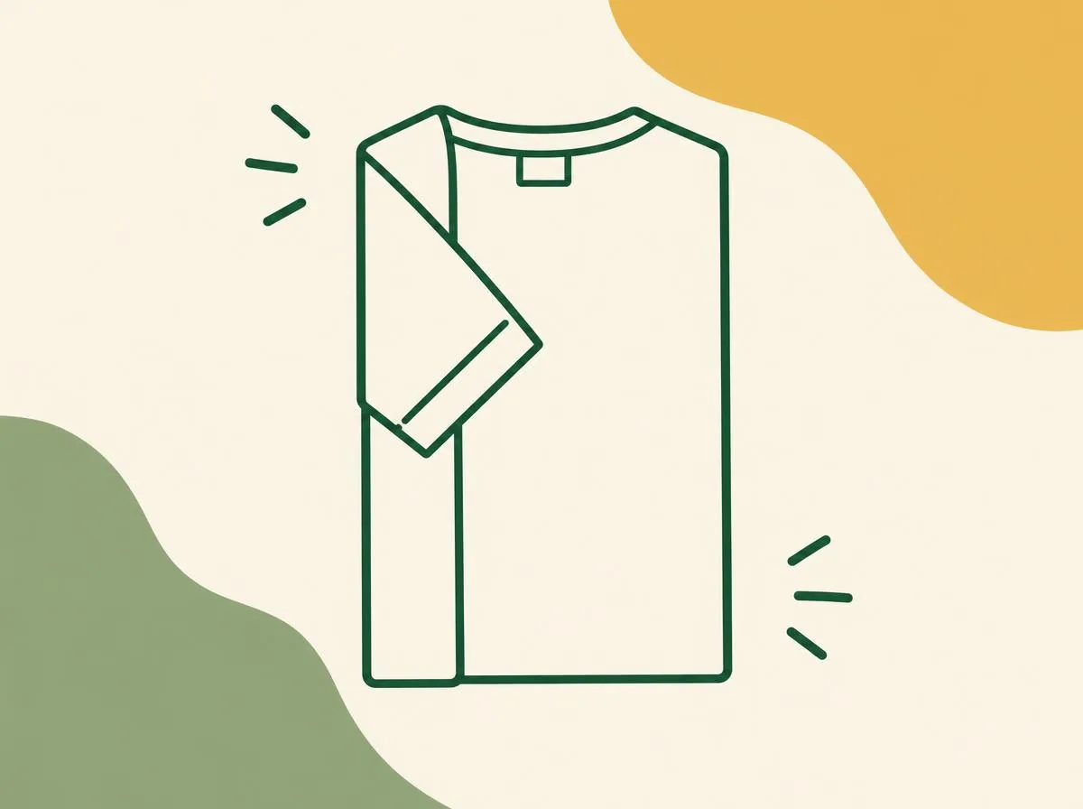 Illustration of a T-shirt laid face down with one side and its sleeve folded in towards the middle, forming a long straight edge