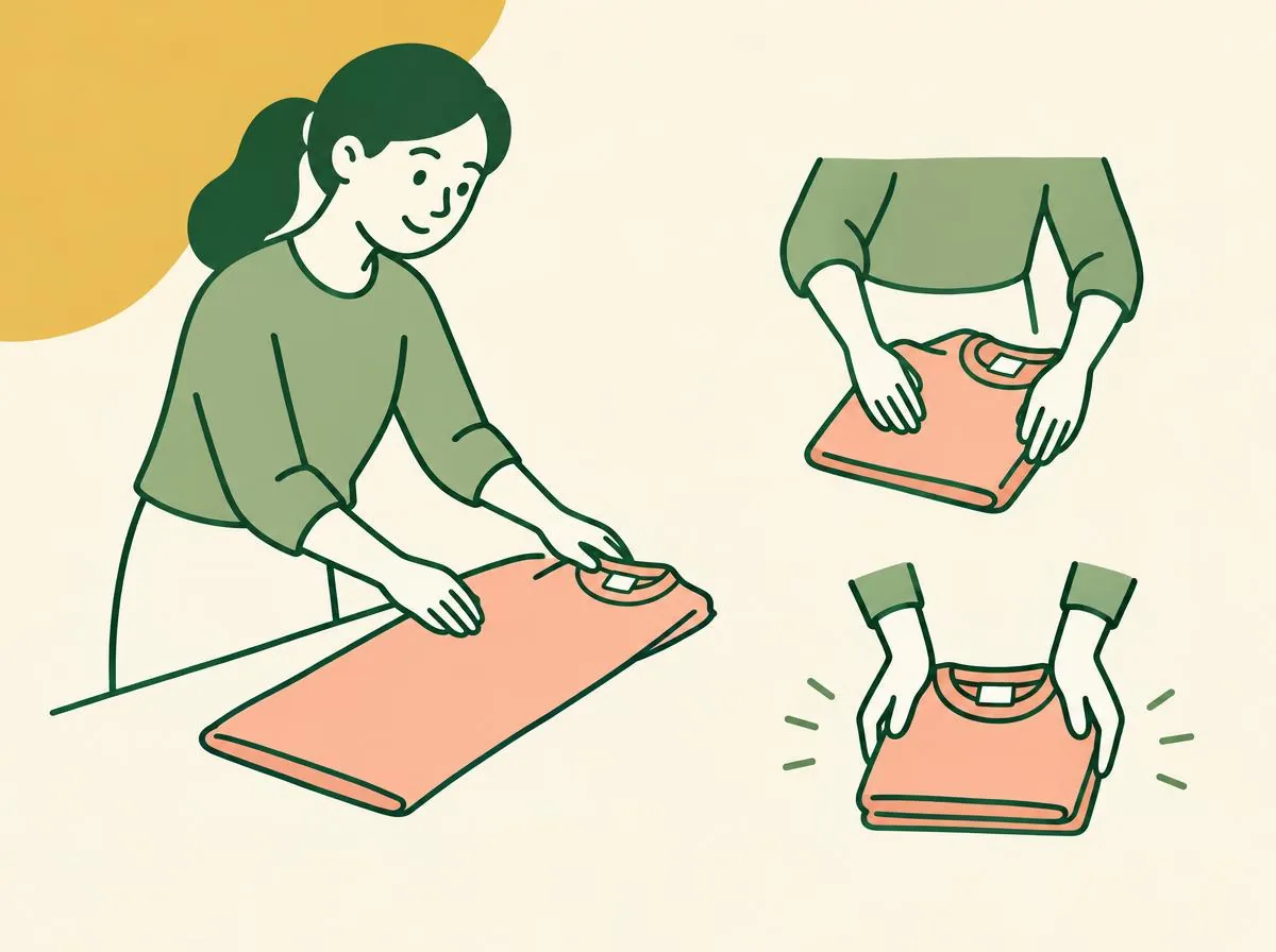 Illustration of a long folded rectangle of fabric being folded up in half and then in half again into a small firm block