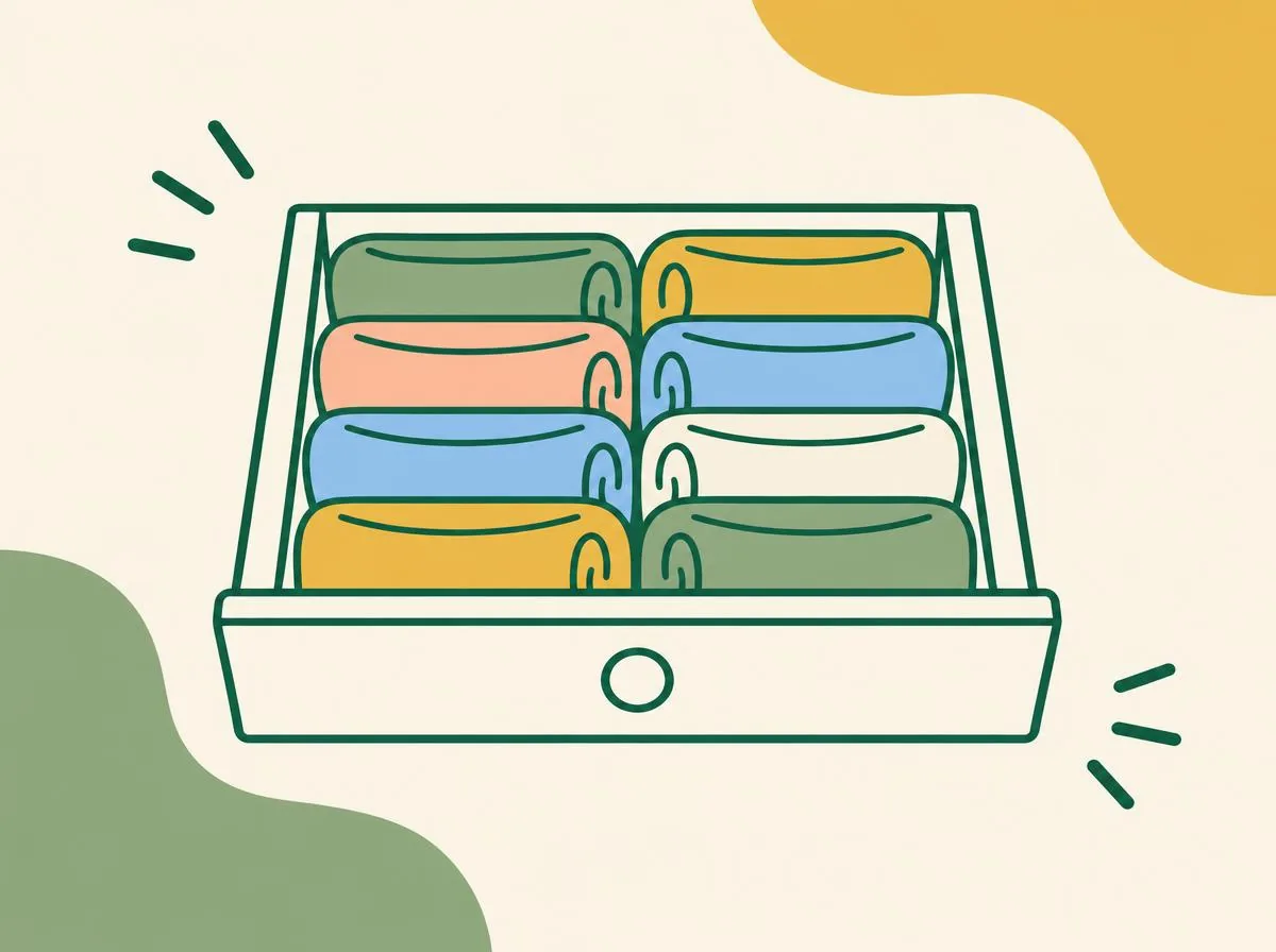 Illustration from above of an open drawer with folded clothes standing upright in rows, each fold visible at the top