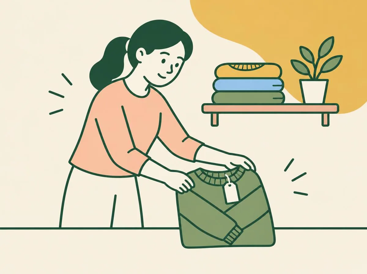 Illustration of hands folding a knitted jumper loosely in half with its sleeves crossed over the back, a short pile of jumpers on a shelf behind