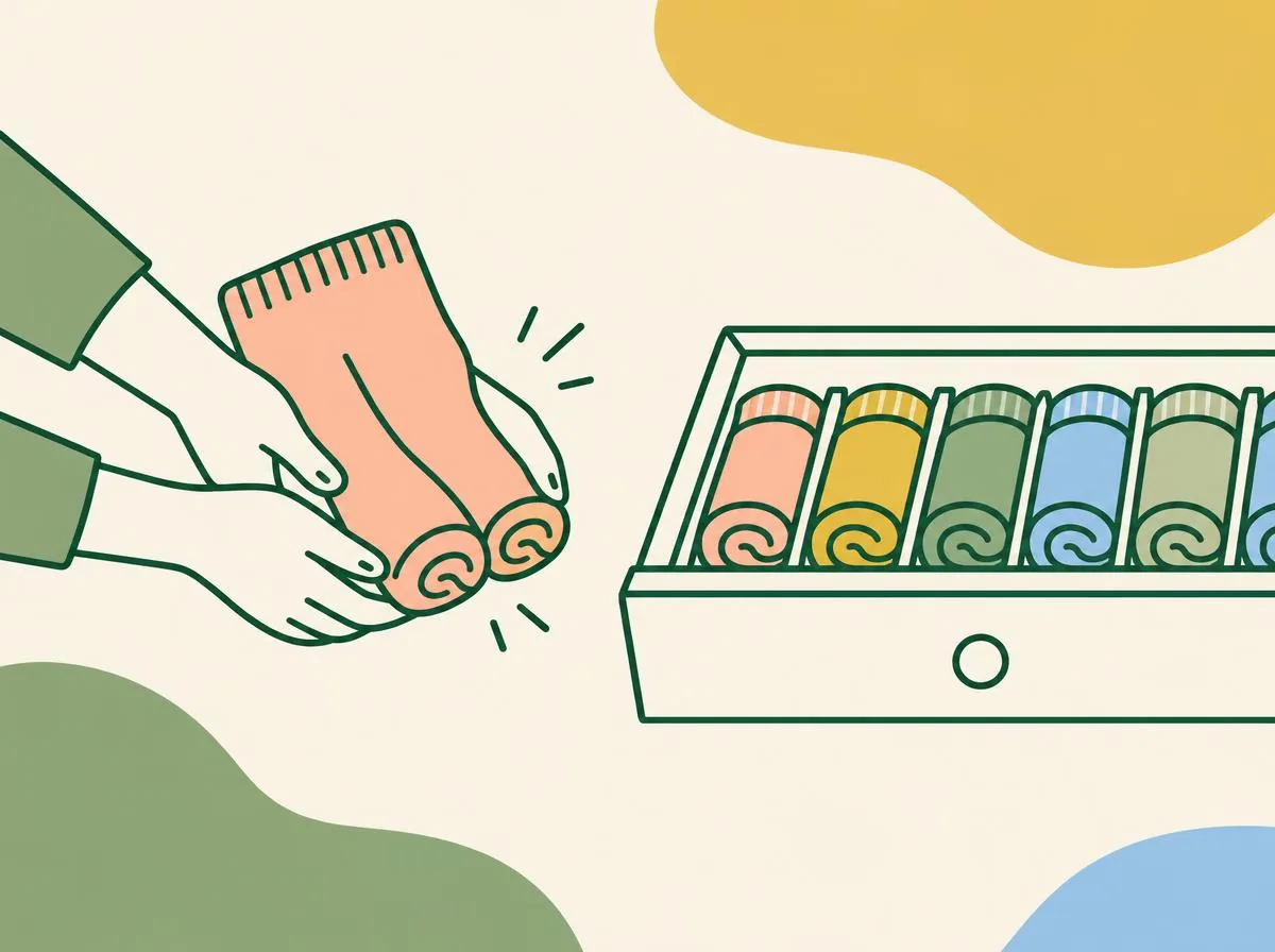 Illustration of a pair of socks laid together and rolled up from the toe into a small roll, with a row of rolls in a drawer divider