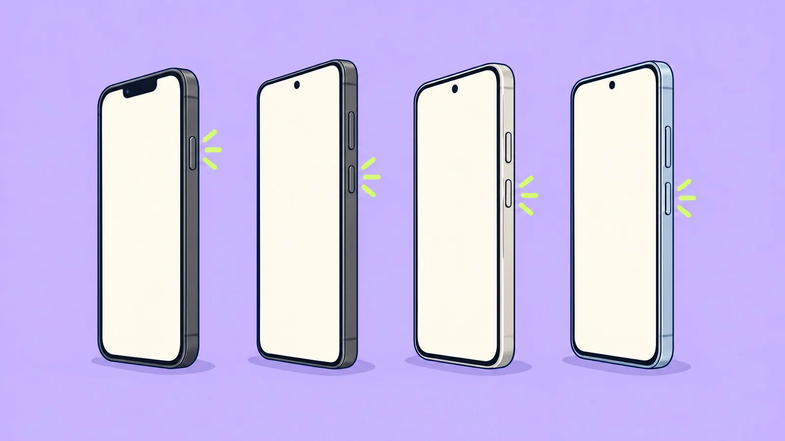 Illustration of an iPhone and three Android phones side by side with the side or power button highlighted