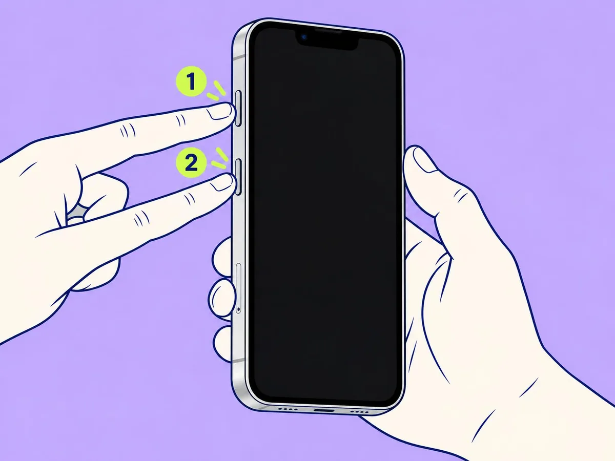 Illustration of a finger pressing volume up, marked 1, then volume down, marked 2, on the left edge of an iPhone