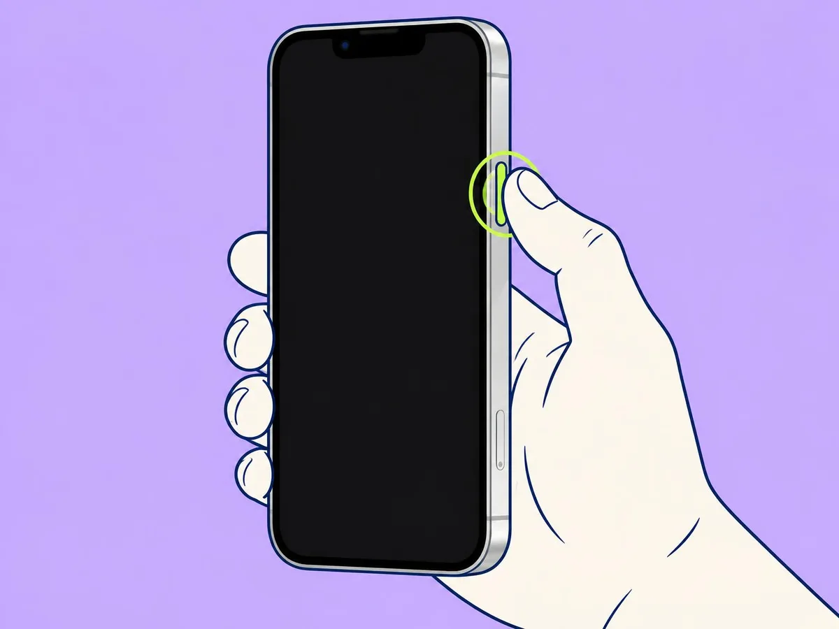 Illustration of a thumb holding the side button on the right edge of an iPhone, with a ring around the button