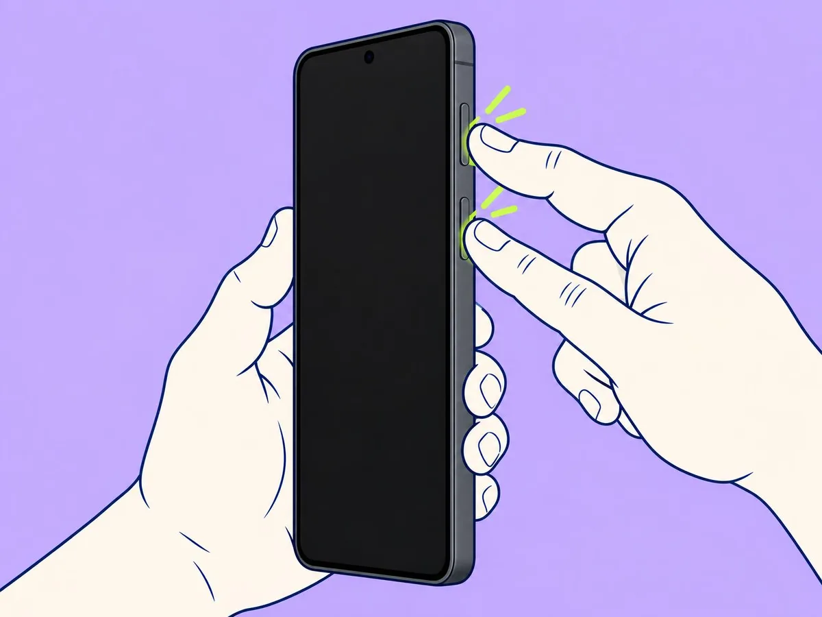 Illustration of two fingers pressing the lower end of the volume key and the side key together on the right edge of a Galaxy phone