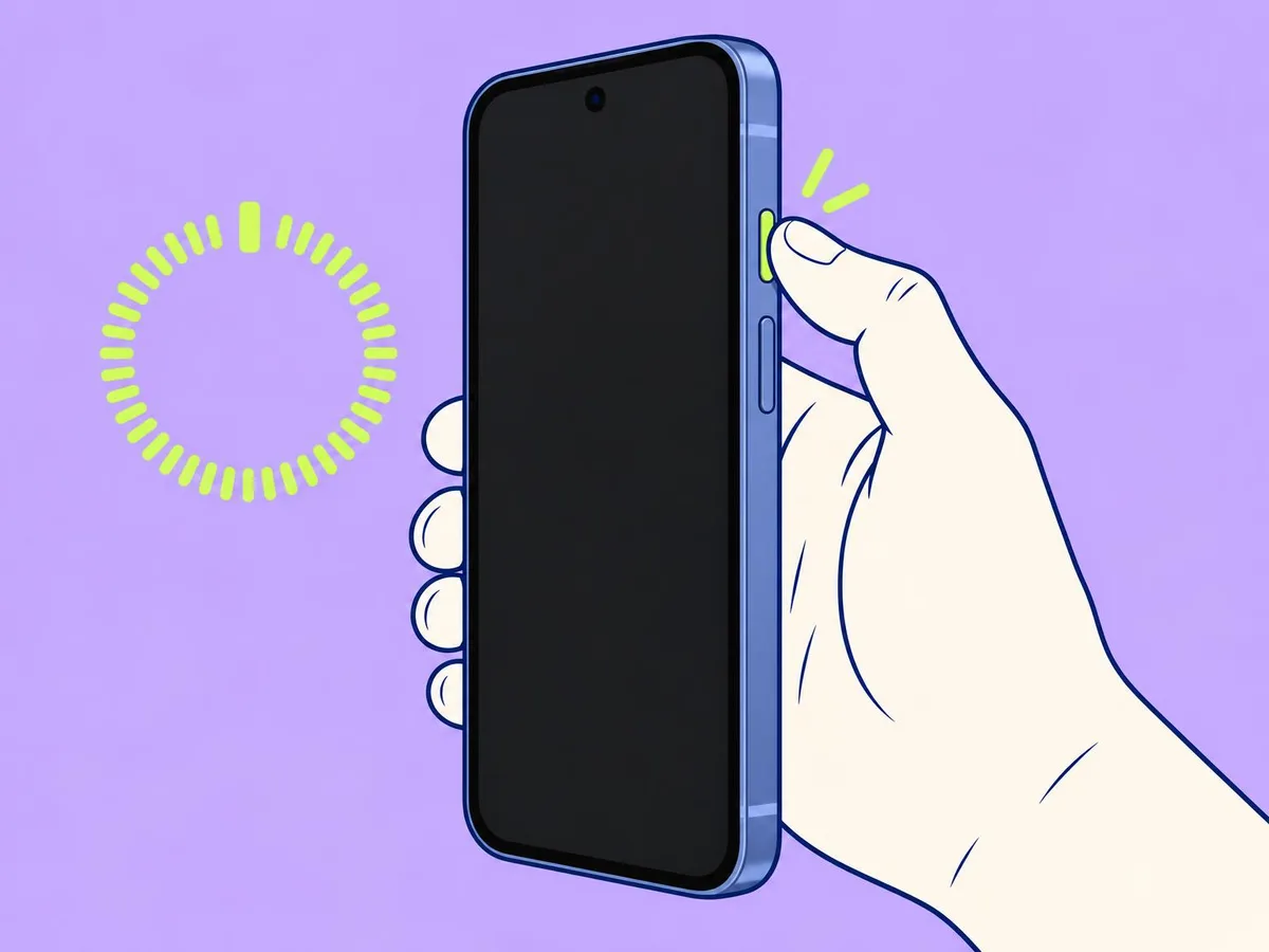 Illustration of a thumb holding the top button, the power button, above the volume key on the right edge of a Pixel, with a timer ring