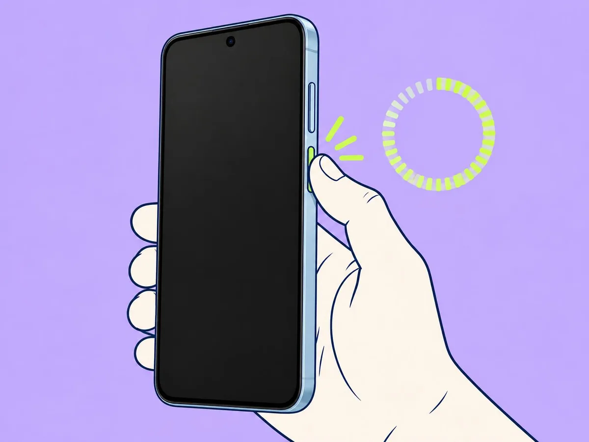 Illustration of a thumb holding the power button below the volume key on the right edge of a Redmi phone, with a timer ring