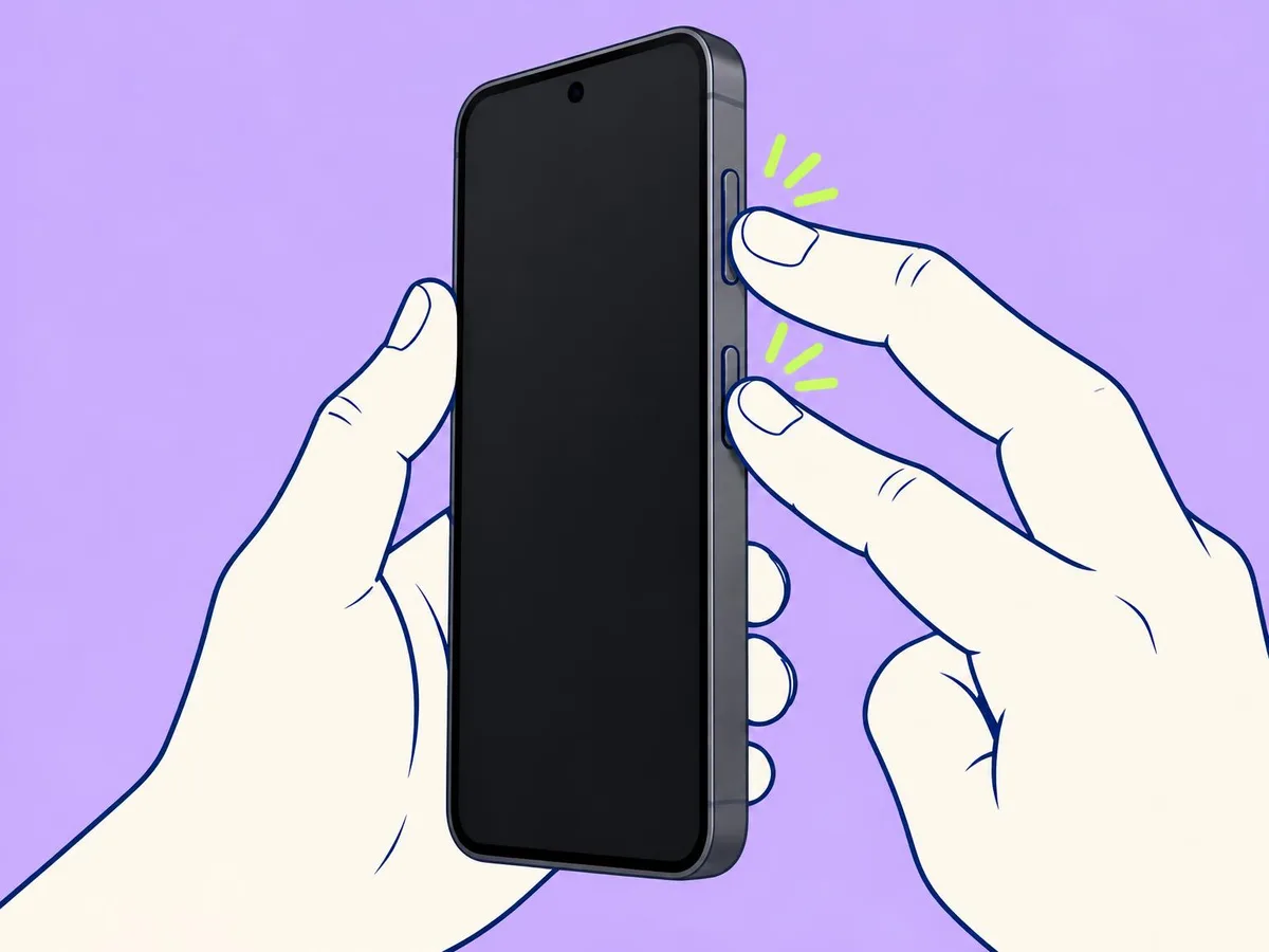 Illustration of two fingers pressing the top of the volume key and the power button together on the right edge of a OnePlus phone