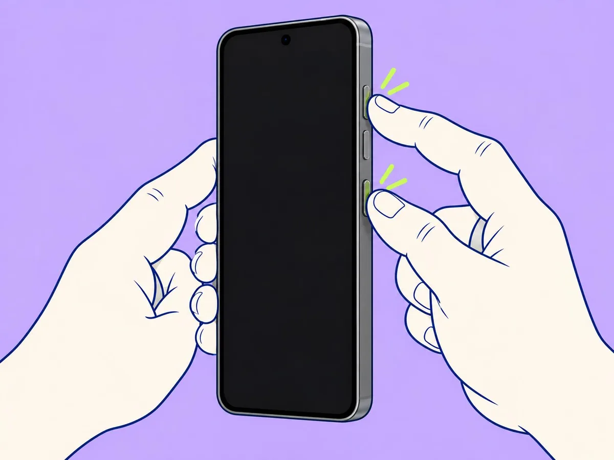 Illustration of two fingers pressing the top volume button and the power button together on the right edge of a Nothing phone