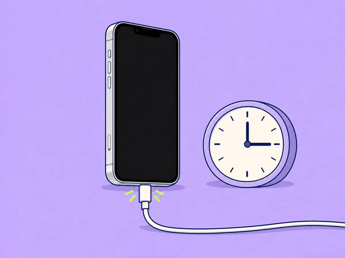 Illustration of an iPhone plugged into a charging cable next to a clock