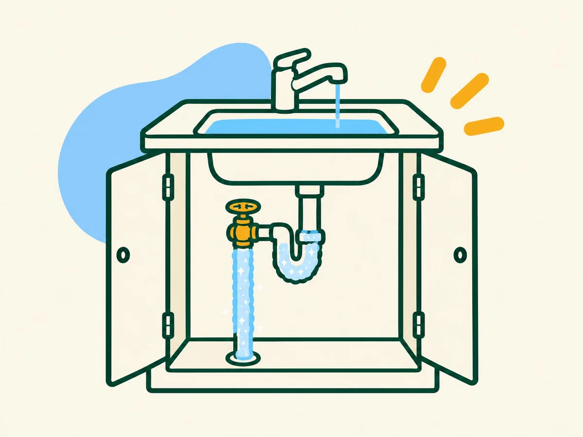 Illustration of a kitchen tap giving only a thin trickle, with the pipe under the sink coated in frost