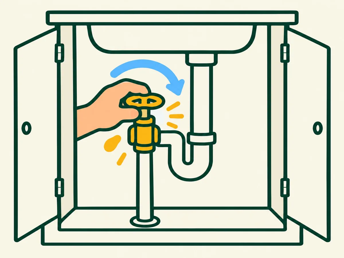 Illustration of a hand turning the wheel of the stop valve under a sink, with an arrow showing a clockwise turn