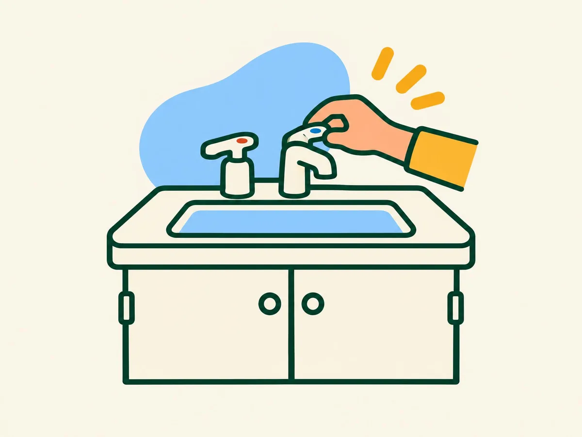 Illustration of a hand turning on the cold tap over a kitchen sink