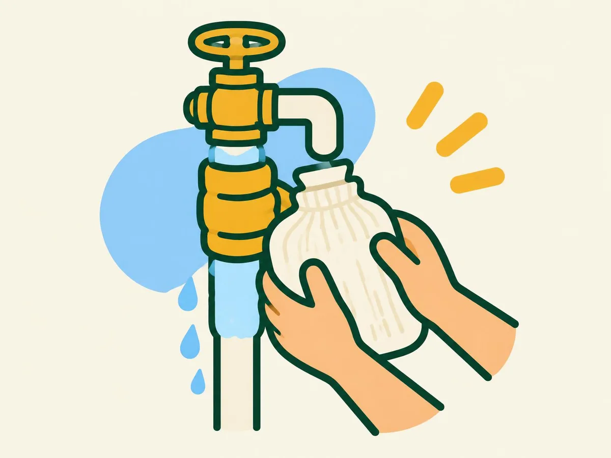 Illustration of two hands holding a hot water bottle in a knitted cover against a frozen pipe as drops start to form
