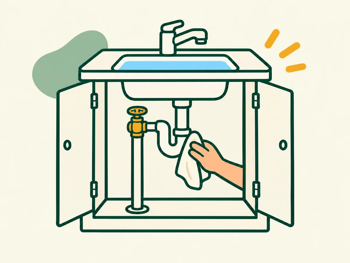 Illustration of a hand running a dry cloth along the pipes under a sink