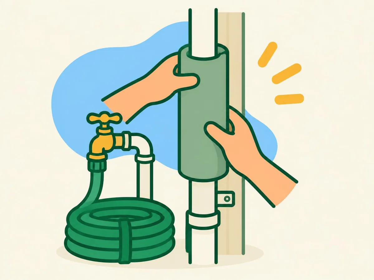 Illustration of two hands sliding a foam sleeve onto a pipe, next to an outdoor tap and a coiled hose