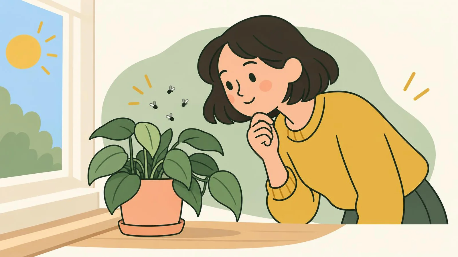 Illustration of a woman leaning in to look at a few tiny dark flies hovering over a houseplant on a sunny windowsill
