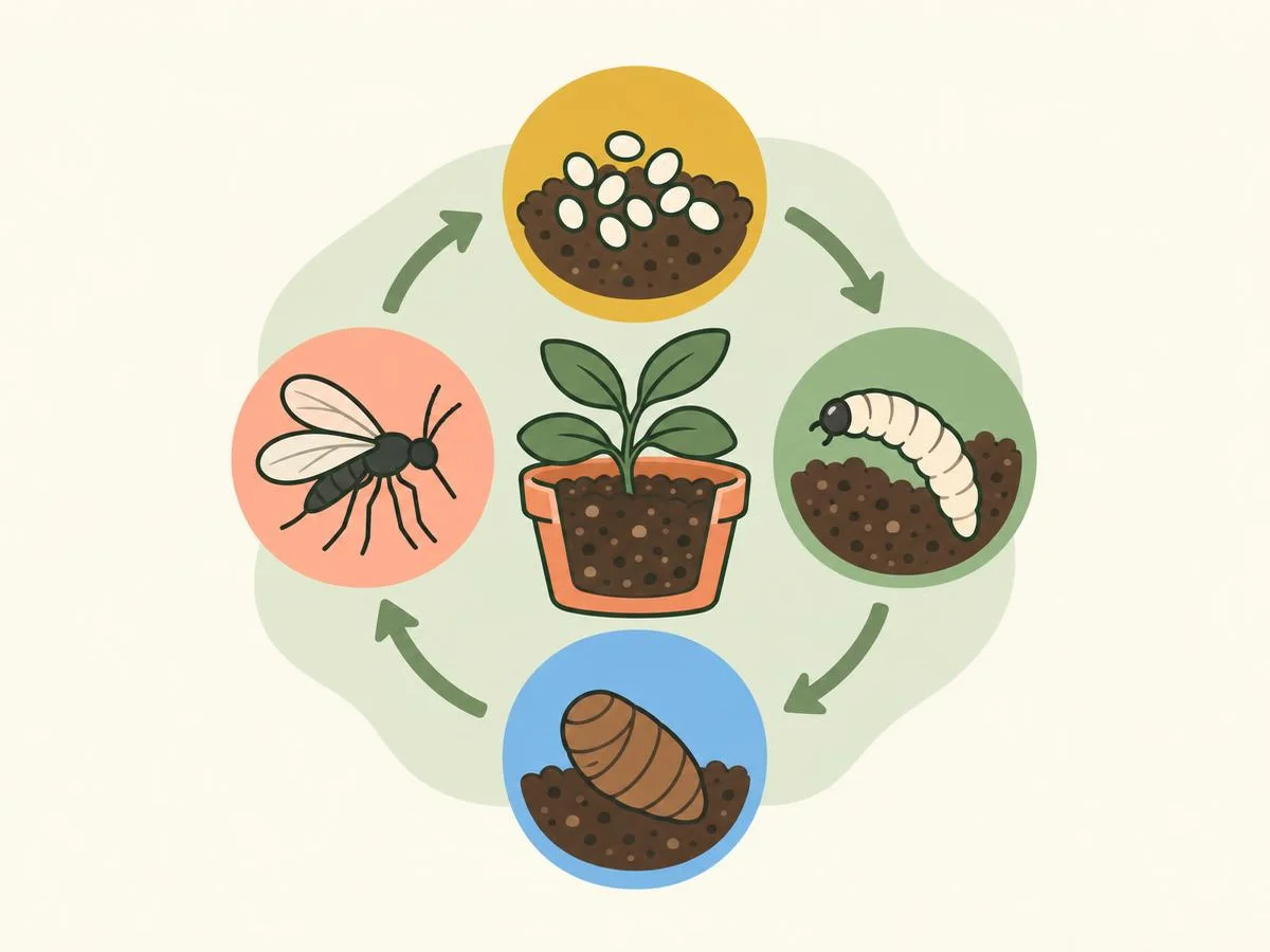 Circular diagram of the fungus gnat life cycle around a cut-away pot: tiny eggs on the compost surface, a pale larva with a black head in the compost, a pupa, and a small dark winged adult, joined by curved arrows