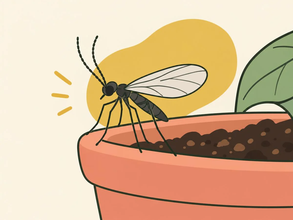 Enlarged illustration of a slender dark fly with long legs, long antennae and clear wings, resting on the edge of a plant pot