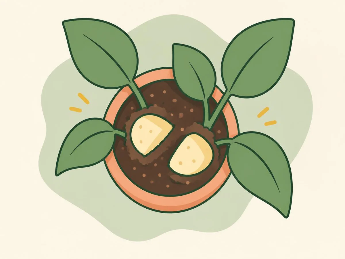 Illustration of two raw potato chunks lying cut side down on the compost of a houseplant pot