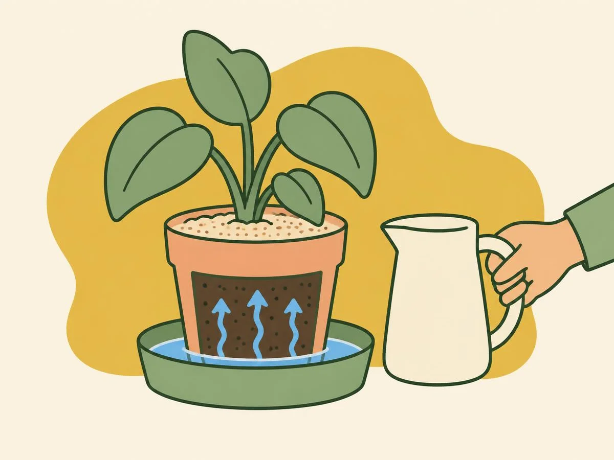 Illustration of a pot standing in a saucer of water so the compost soaks it up from below, its top surface pale and dry