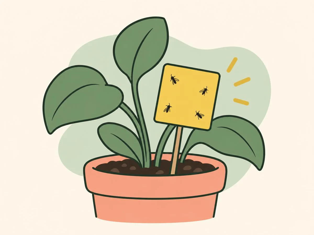 Illustration of a small square yellow sticky card on a thin stick pushed into the compost beside the leaves, a few tiny dark flies stuck to it