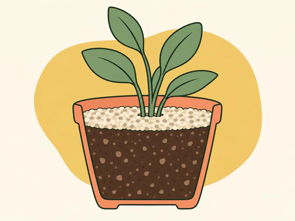 Cut-away illustration of a pot with a thin layer of coarse pale sand spread over the top of the compost around the plant stems