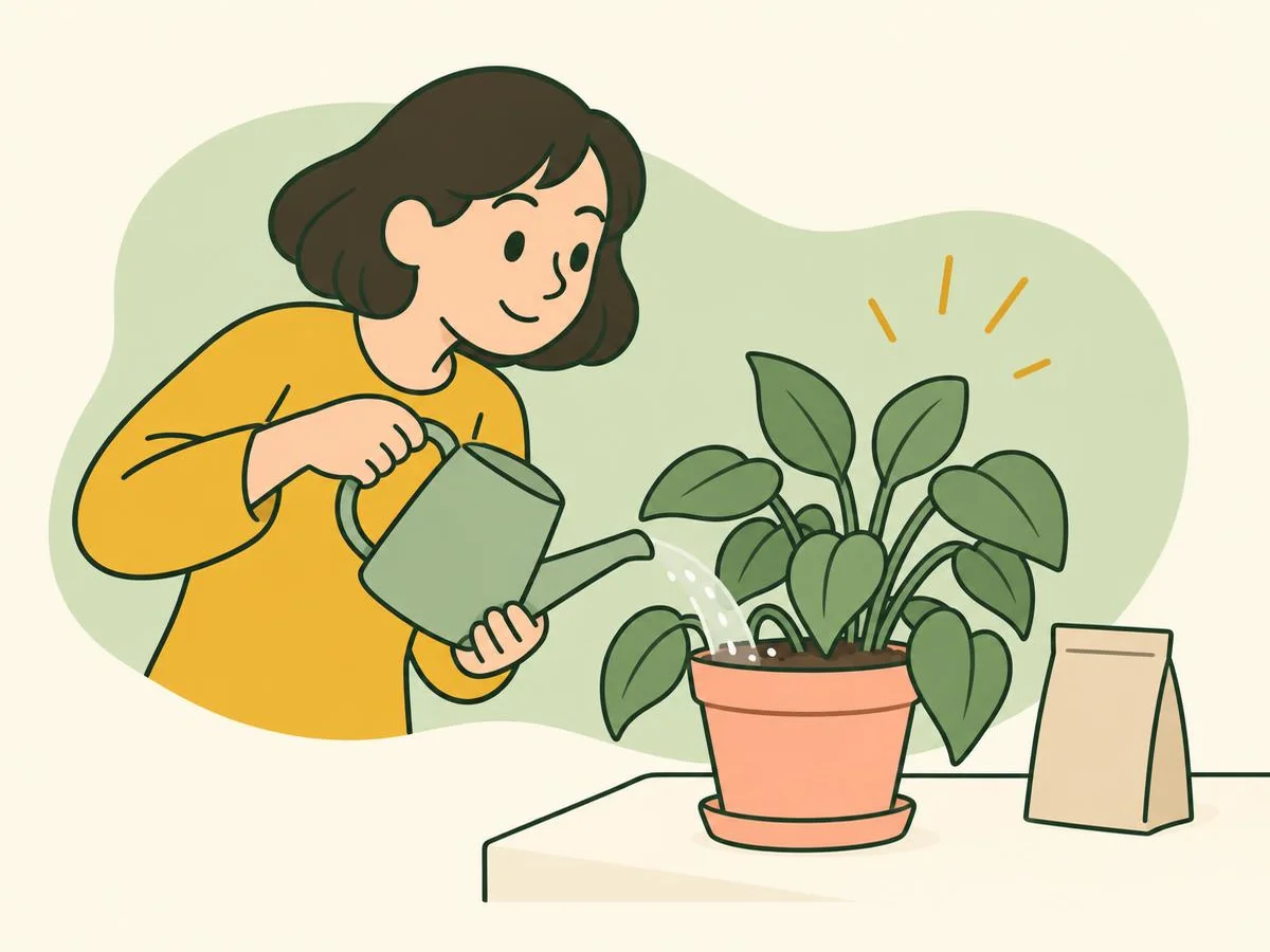 Illustration of a woman pouring a watering can of cloudy treatment liquid evenly over the compost of a houseplant, a plain unmarked packet on the table