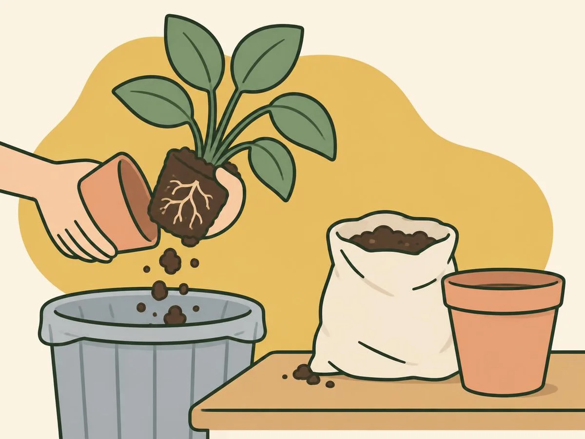 Illustration of a houseplant being lifted out of its old pot over a bin, with an opened bag of fresh potting mix and a clean pot waiting on the table