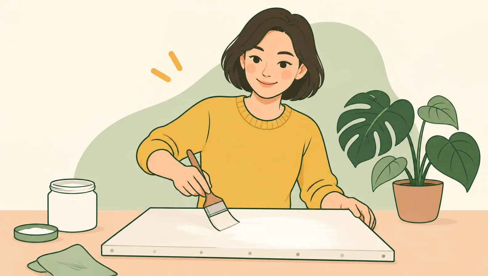 Illustration of a woman brushing white primer across a stretched canvas propped flat on a table, using a wide flat brush in long, even strokes