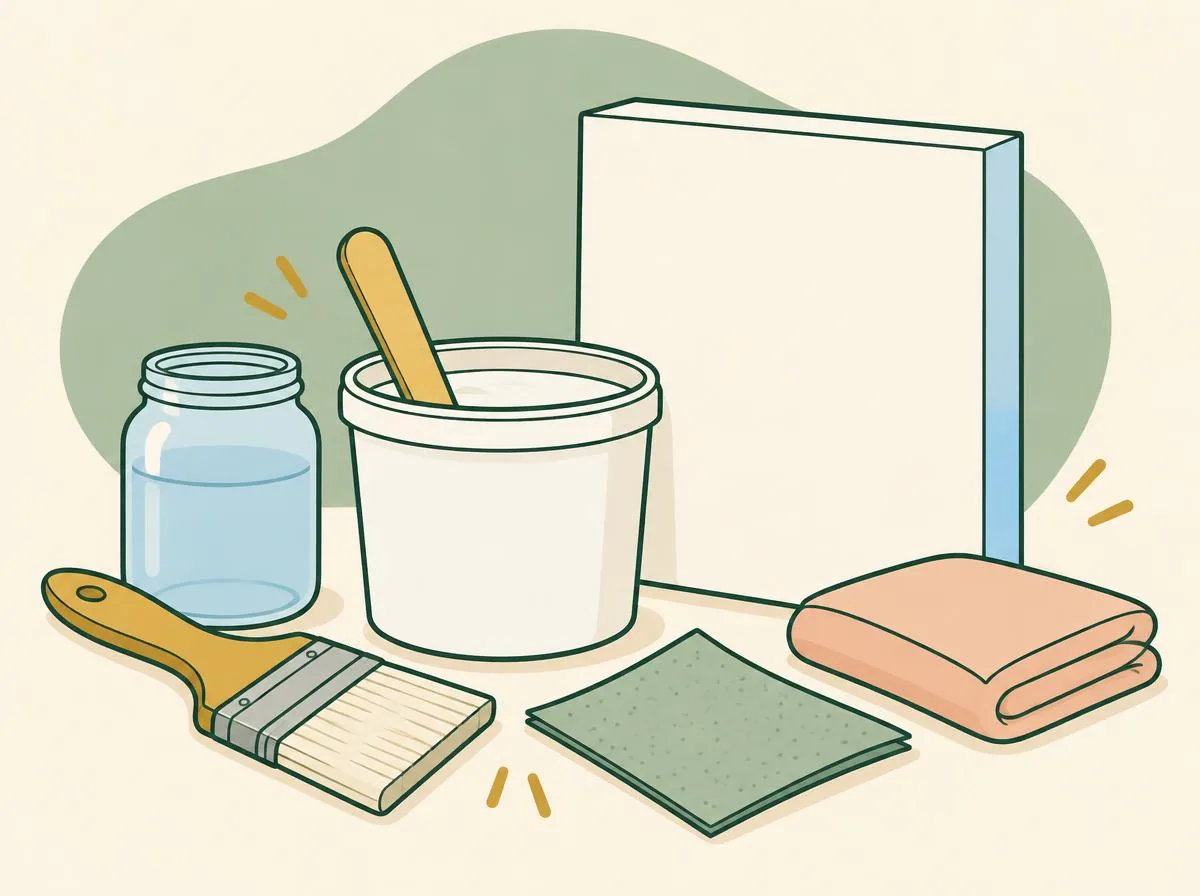 Illustration of a tub of white primer with a stirring stick, a wide flat brush, a jar of water, a sheet of fine sandpaper, a folded cloth and a stretched canvas