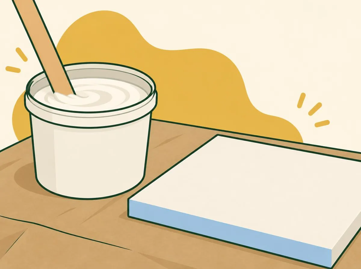 Illustration of a stick stirring thick white primer in an open tub on a table covered with plain brown paper, a canvas lying flat beside it