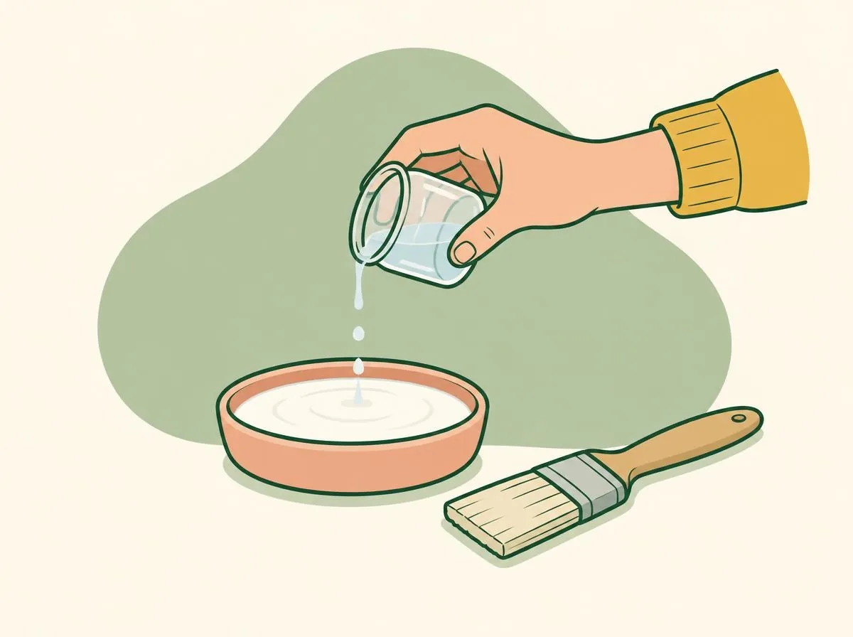 Illustration of a small splash of water being poured from a jar into a dish of white primer, a brush ready to stir it