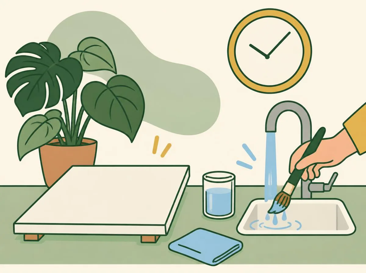 Illustration of the primed canvas drying flat on a table while a brush is rinsed under a running tap, a simple wall clock with plain hands nearby