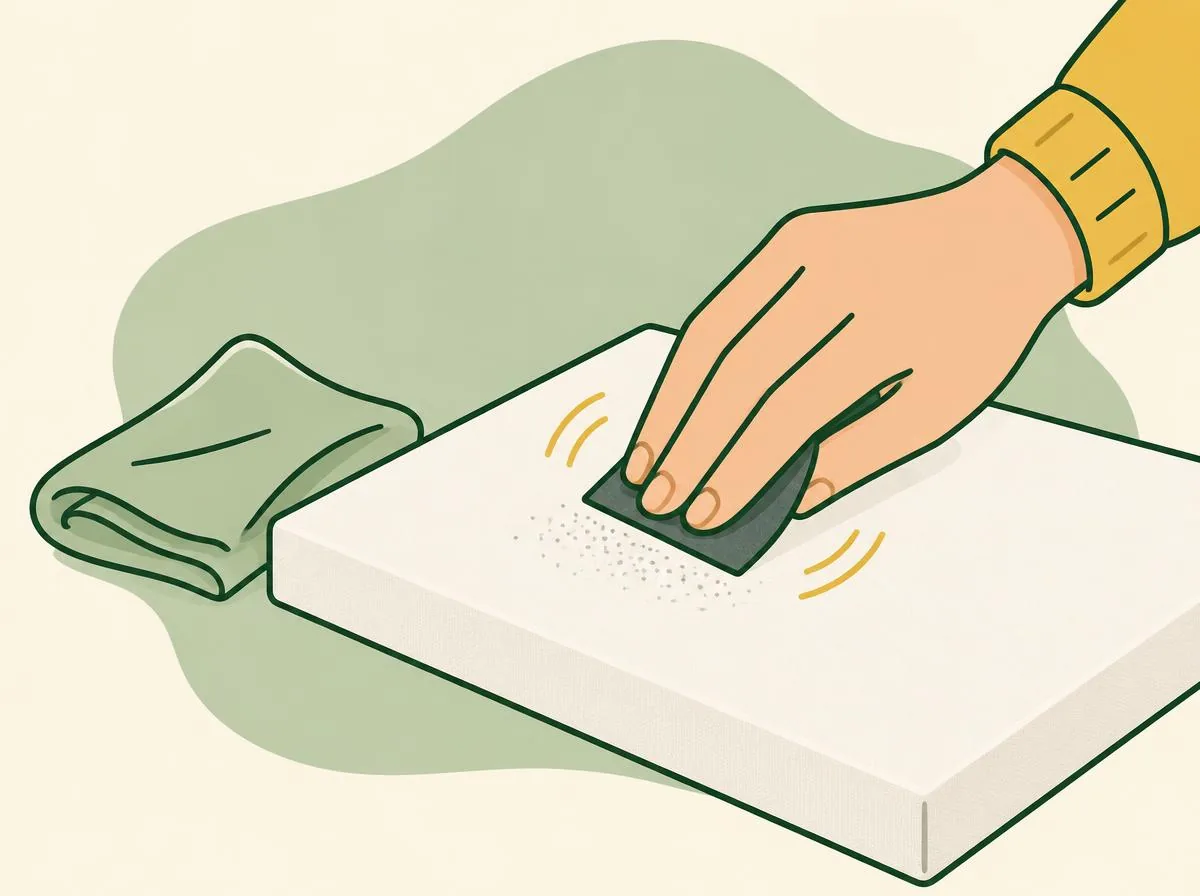 Illustration of a hand lightly rubbing a small piece of damp fine sandpaper over the dry white surface of a canvas, a folded cloth beside it