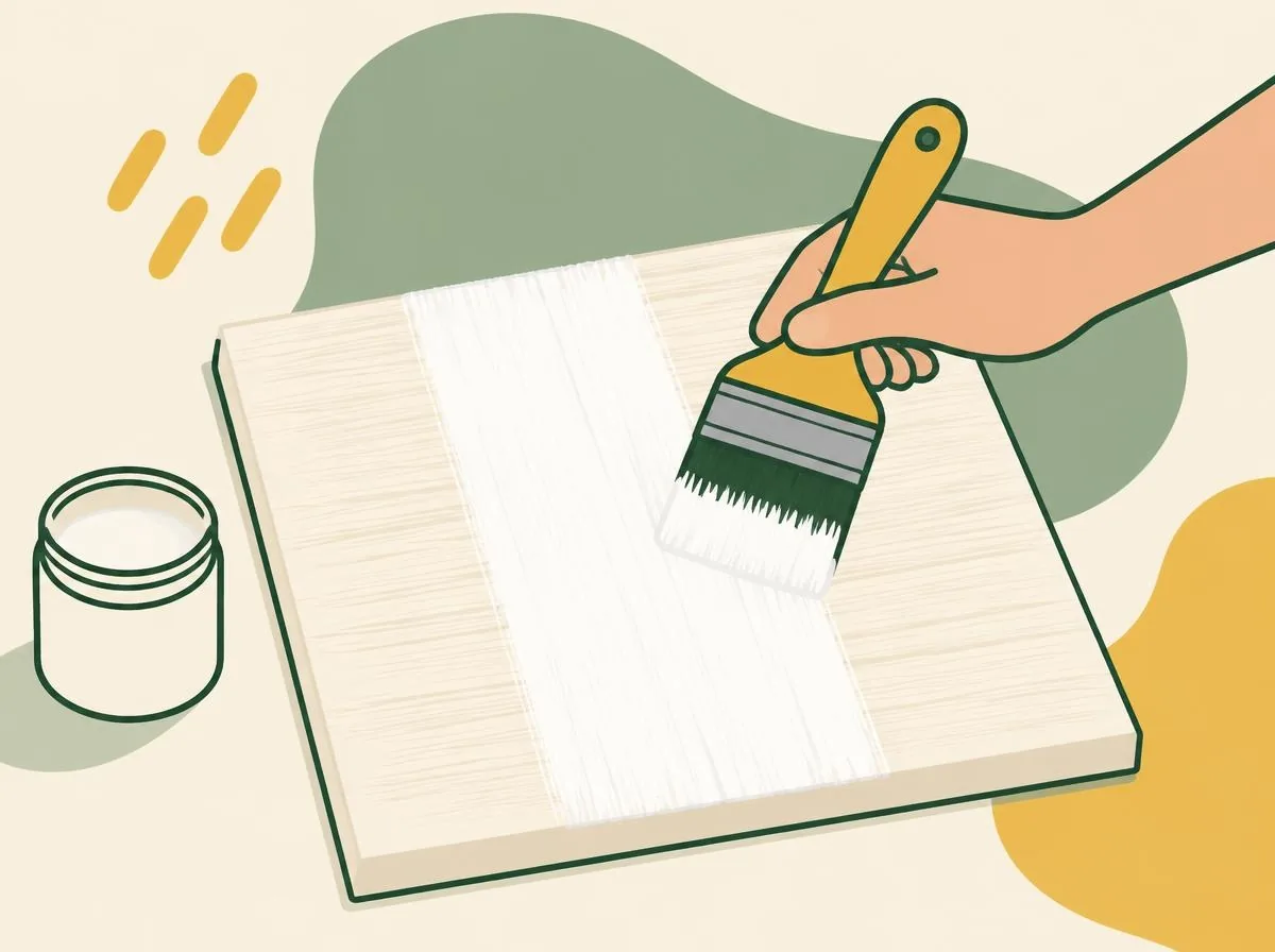 Illustration of a wide brush making vertical strokes across a canvas whose first white layer shows faint horizontal brush lines