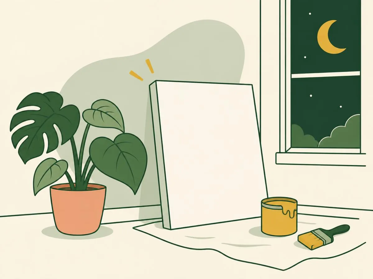 Illustration of a finished white canvas leaning against a wall to dry overnight, a window behind it showing a crescent moon