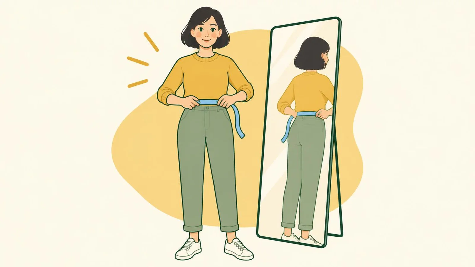 Illustration of a woman standing straight in front of a mirror with a soft tape measure around her waist