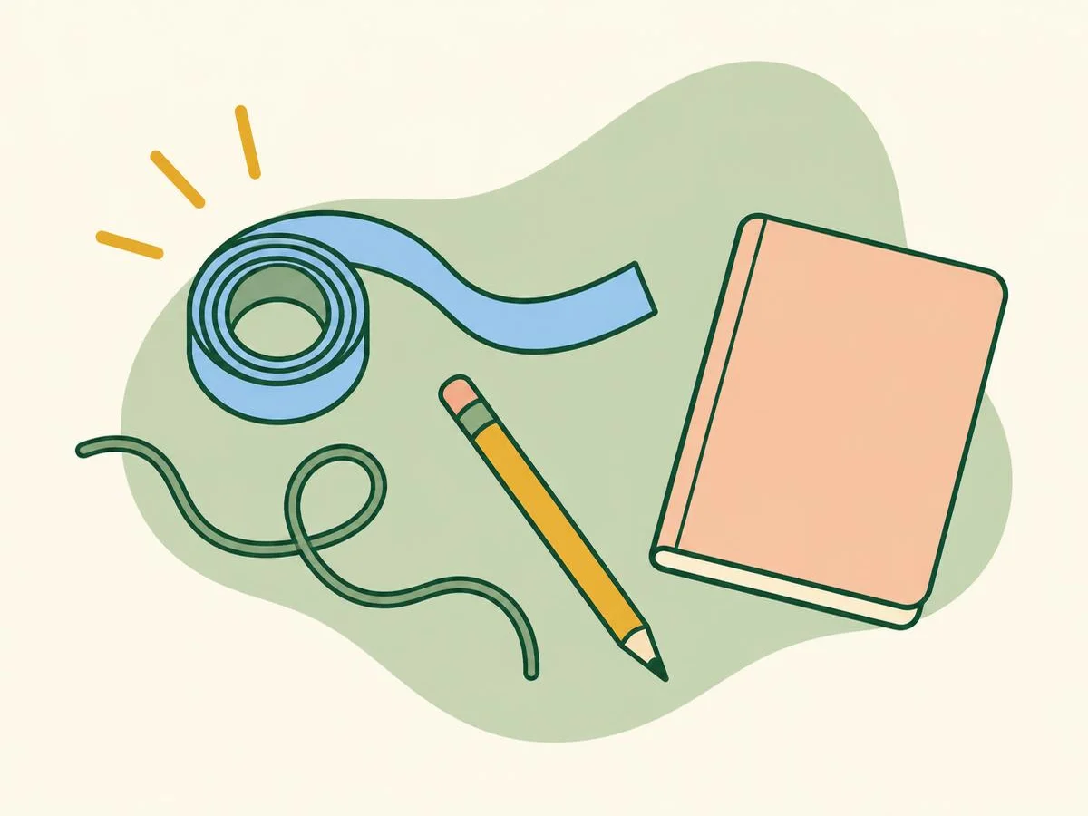 Illustration of a soft tape measure, a length of string, a pencil and a notebook laid out on a table