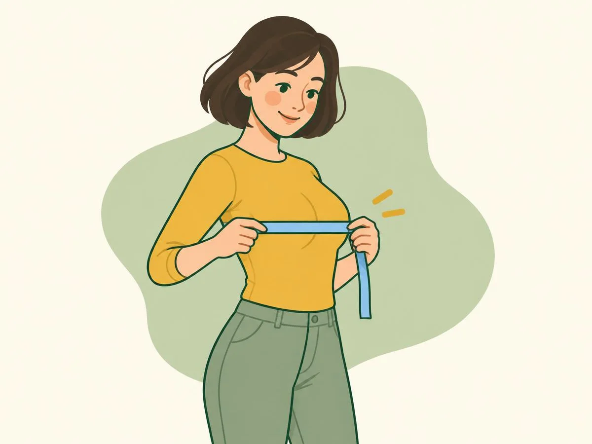 Illustration of a woman holding a tape measure around the fullest part of her chest, the tape level across her back